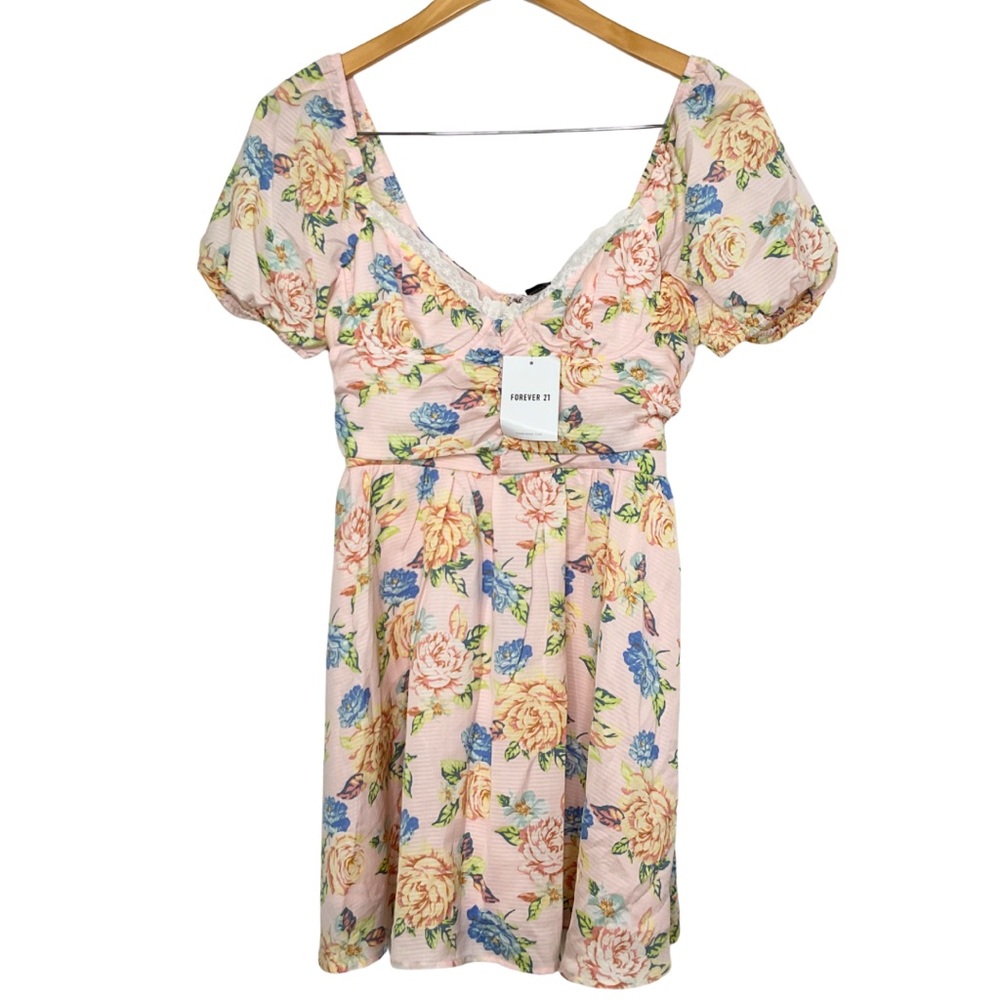 Forever 21 Women's Floral Print Ruffled Sleeve Tiered Skirt Mini Dress Size S